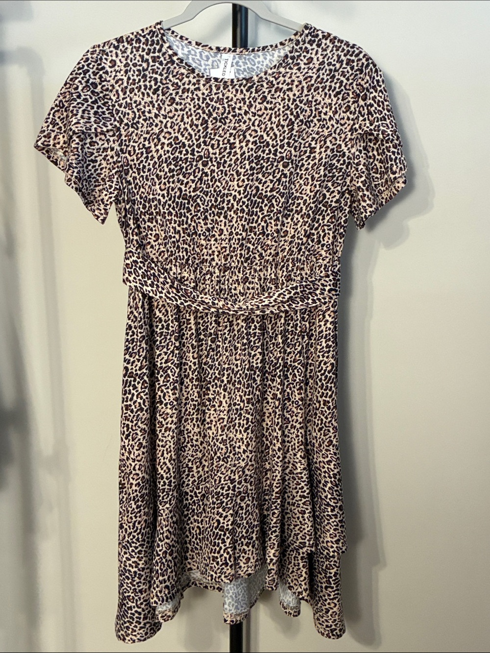 Tickled Teal Beige and Black Leopard Print Mini Dress T Shirt Fit & Flare Medium